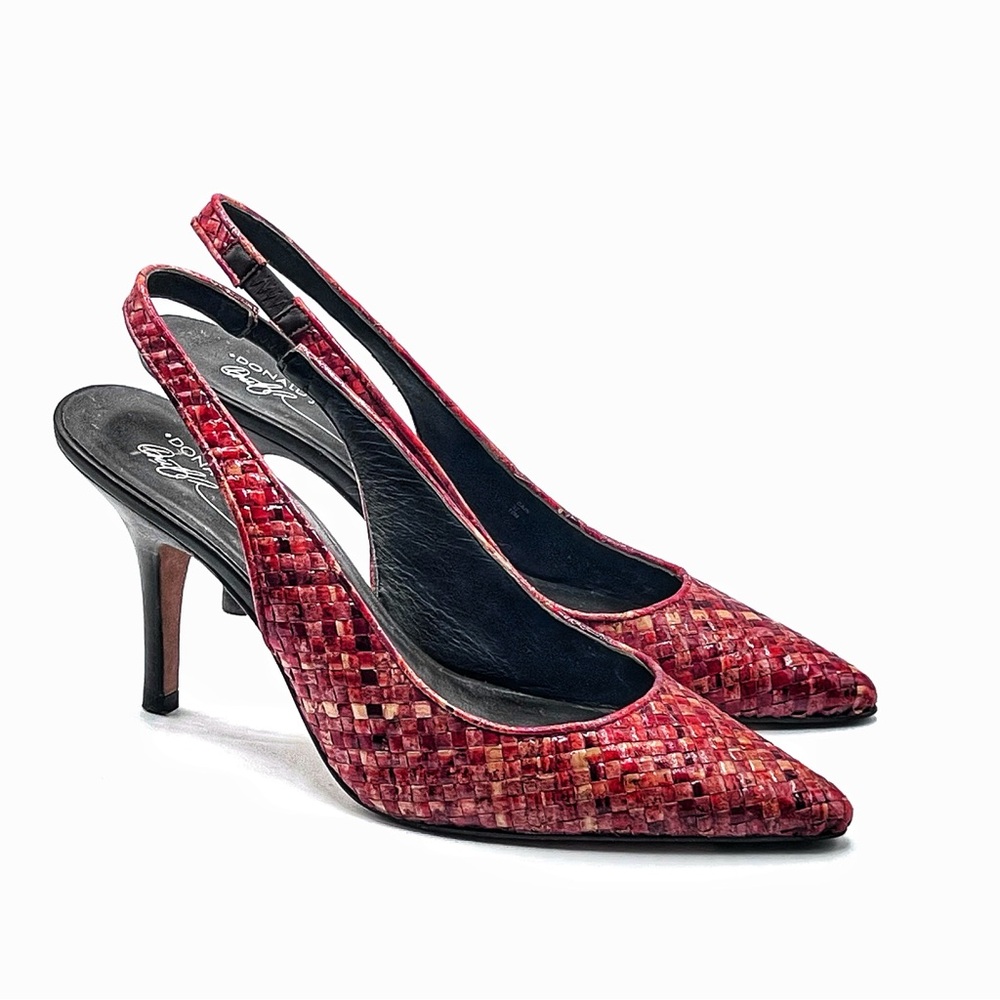 Donald J. Pliner Cain Red Beige woven Leather Sling Back Heeled Shoes 7.5M - Picture 3 of 9